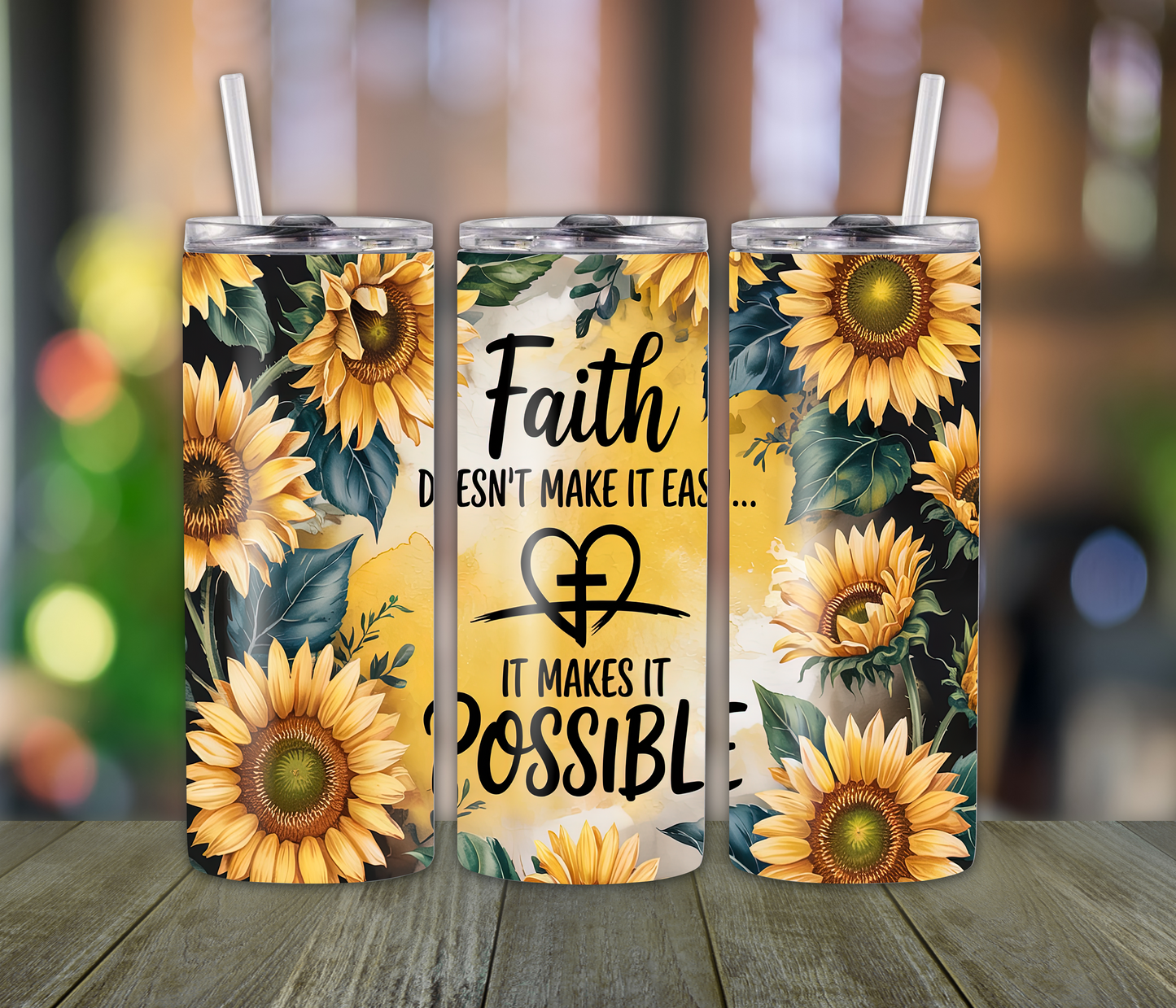 Faith & Sun Flower Tumbler with Cross – Motivational Tumbler, Floral Christian, Scripture Gift