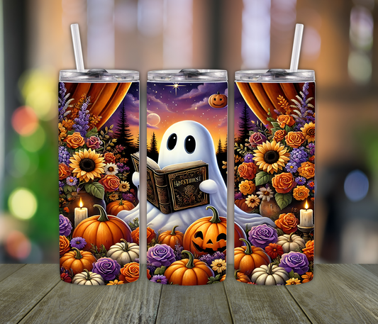 Ghost Reading Book Spooky Pumpkin Tumbler- Fall Lovers, Halloween Season Perfect Gift