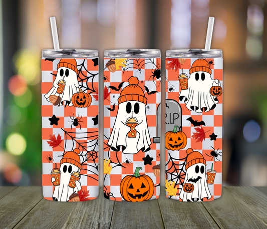 Spooky Plaid Ghost Coffee Tumbler- Fall Halloween Season gift for those Coffee Lovers
