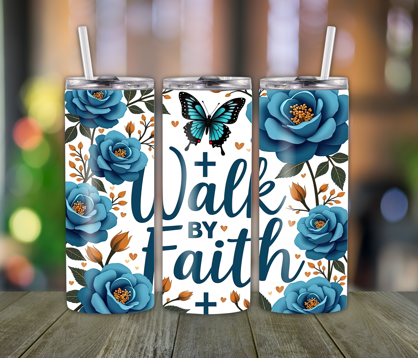 Walk by Faith & Flowers Tumbler with Cross – Personalized Name, Floral Christian Cup, Scripture Gift for Her