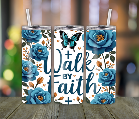 Walk by Faith & Flowers Tumbler with Cross – Personalized Name, Floral Christian Cup, Scripture Gift for Her