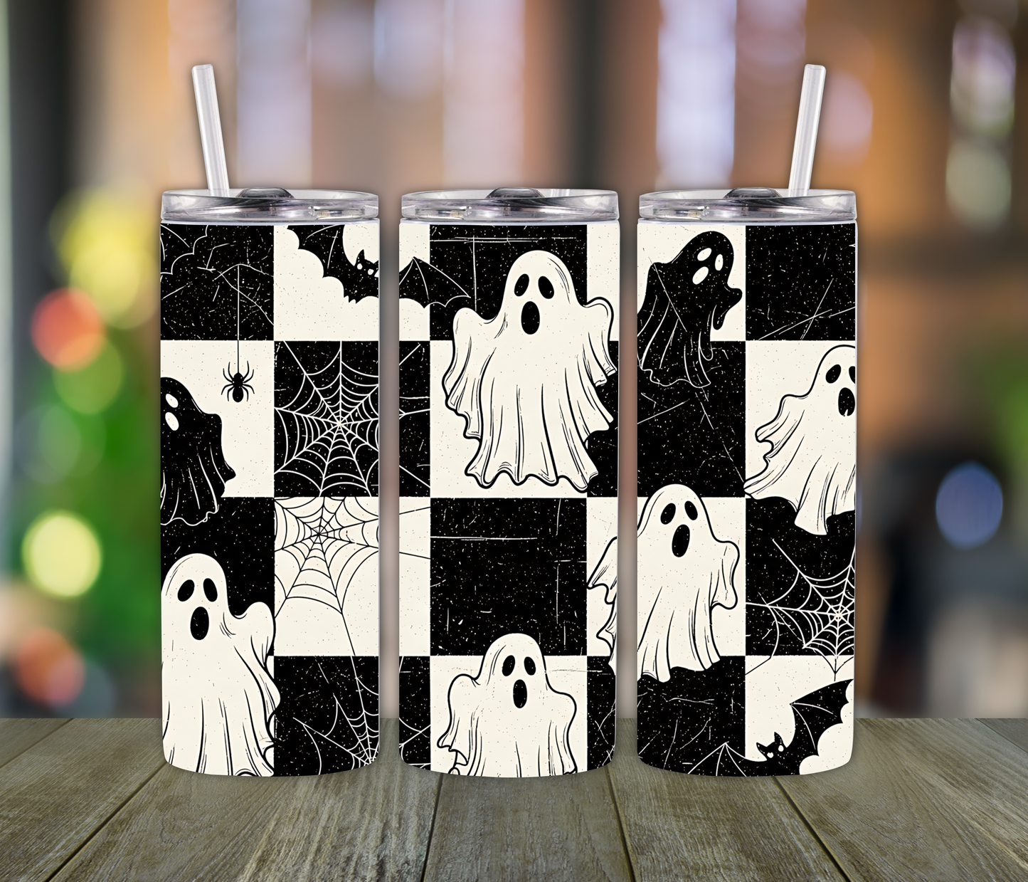 Spooky Black and White Plaid Halloween Ghost Tumbler