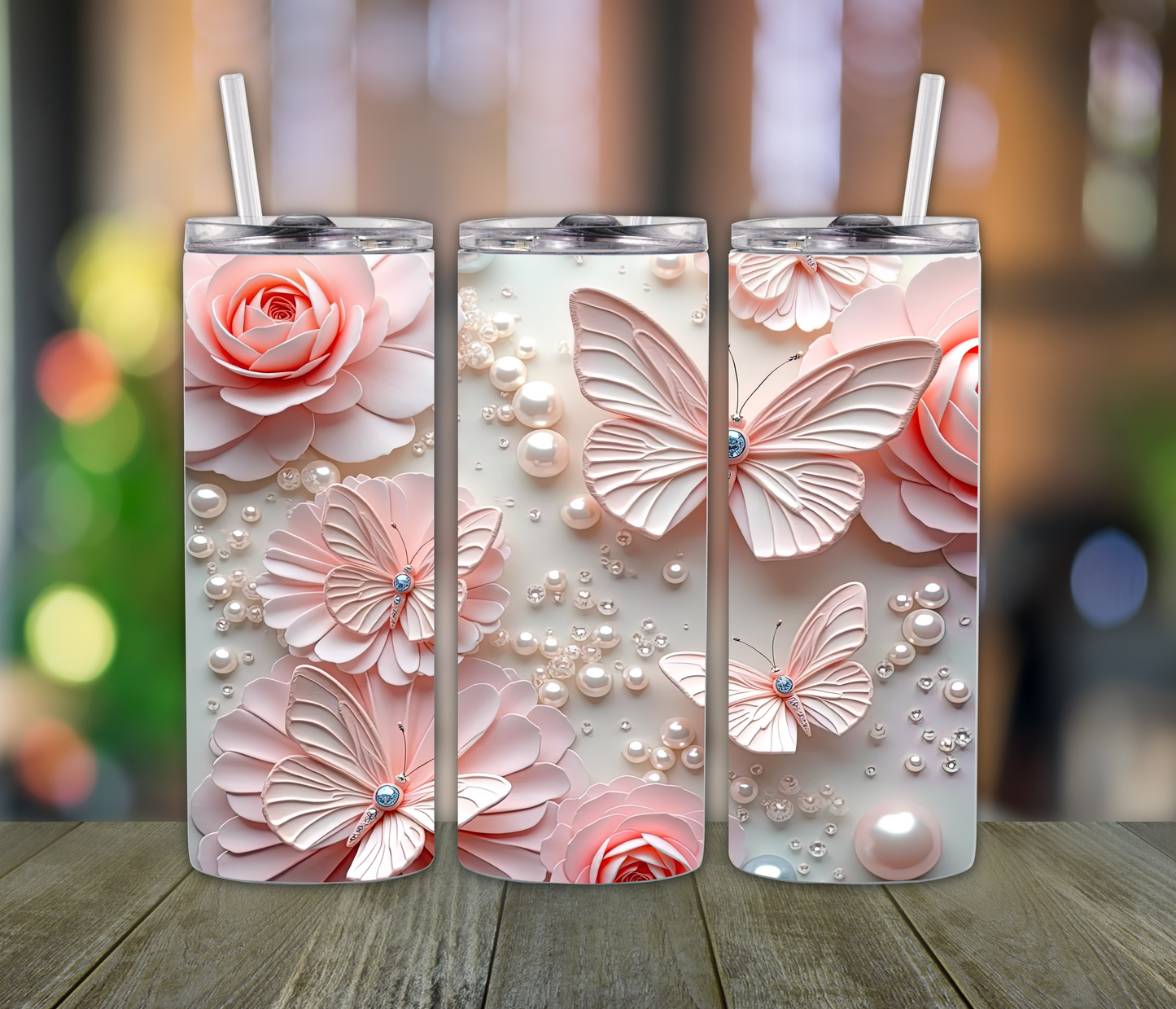 Pearl Butterfly Tumbler – 20oz Pink Butterfly & Bead-Inspired Cup for Girls, Teens & Moms | Soft Glam Gift for Her