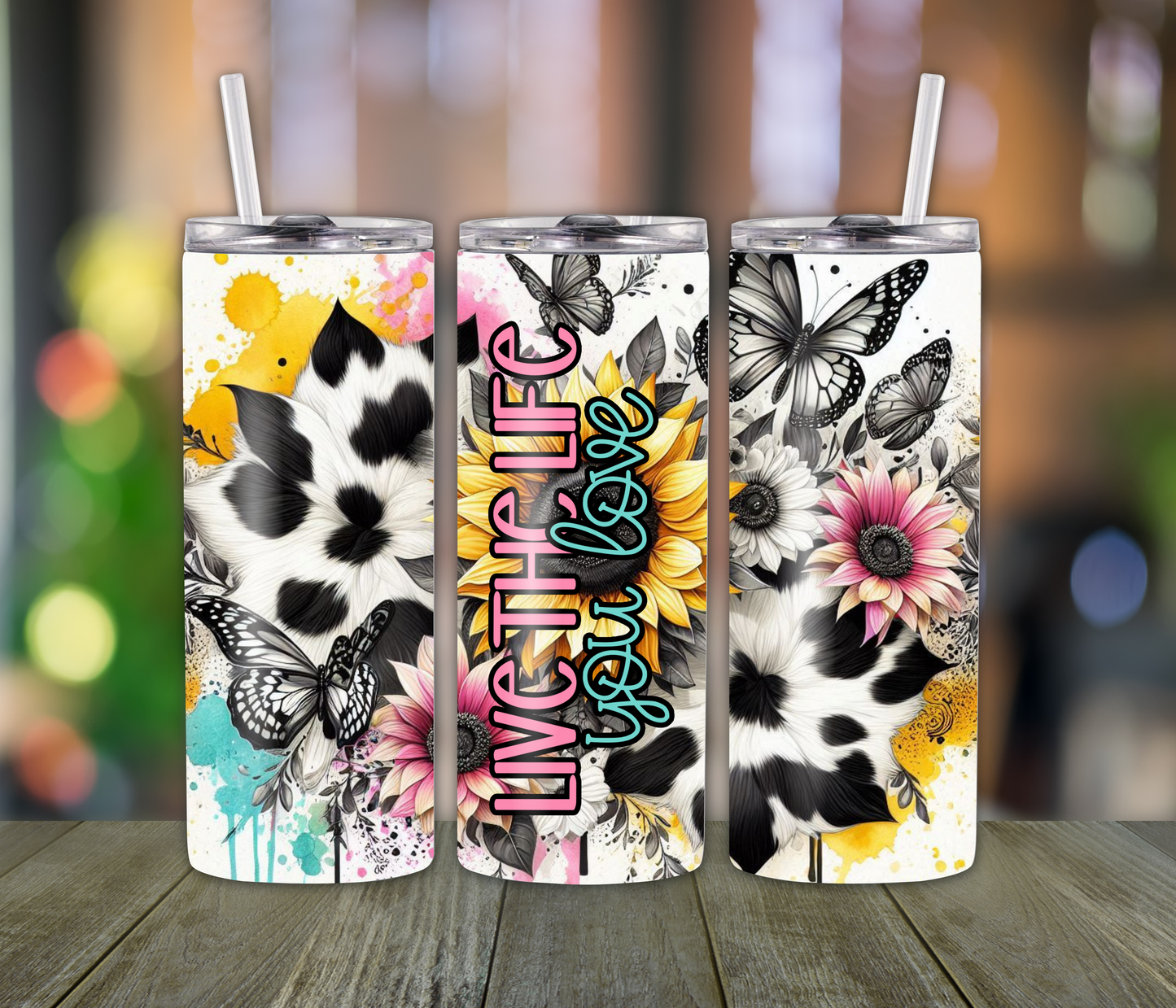 Live the Life You Love Tumbler – 20oz Cow Print & Floral Cup for Country Girls, Moms & Daughters