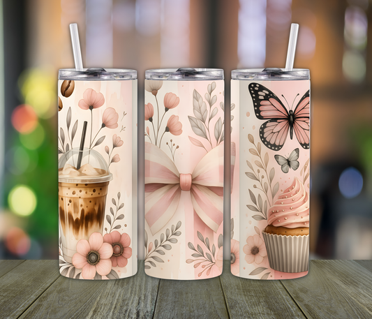 Pink Bow Brush Stroke Coffee, Cup Cakes, Butterfly Floral Tumbler – 20oz Soft Country Girl Cup with Western Charm & Feminine Flair