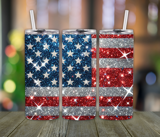 Glitter USA Flag Tumbler – 20oz Sparkly Patriotic Cup for Moms, Daughters, or Wife | 4th of July