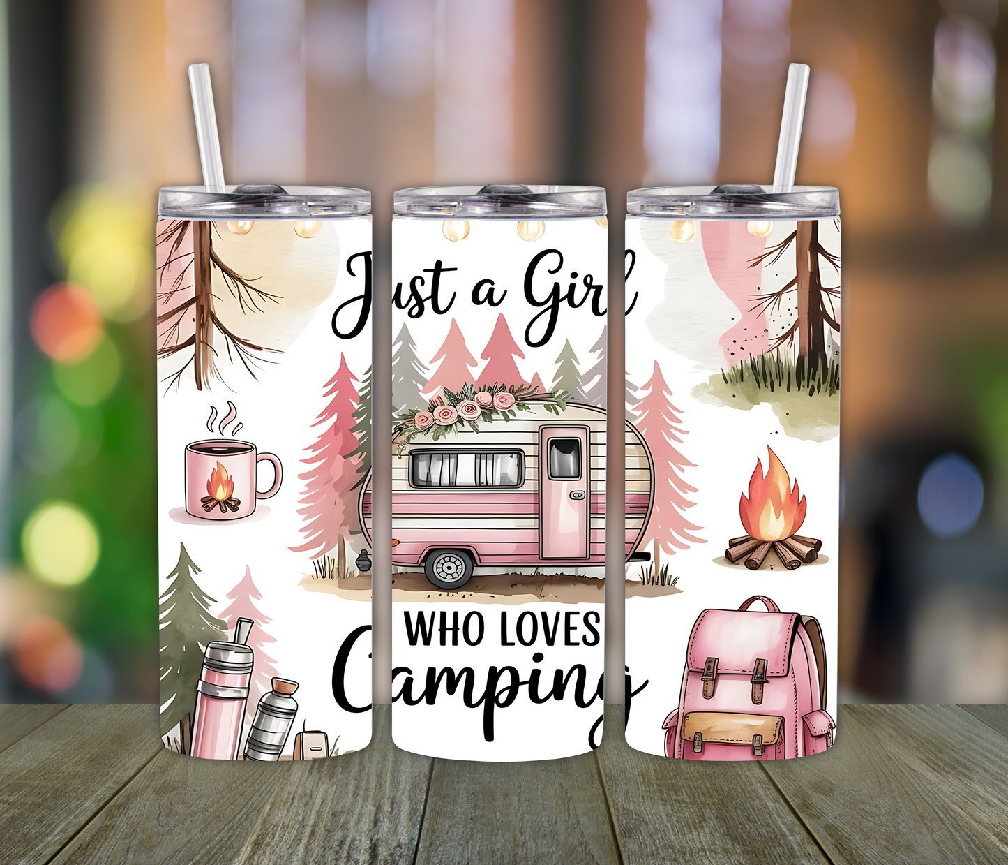 Camping Cutie Tumbler – 20oz Outdoor Adventure Cup for Girls Who Love Nature & Campfires