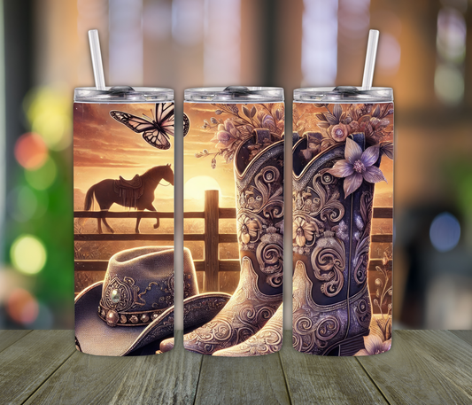 Country Girl Vibes Tumbler – 20oz Cup with Boots, Fields & Cowgirl Hat | Western Gift for Women