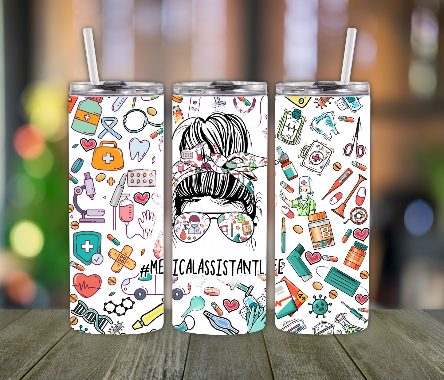 Medical Assistant Life Tumbler – 20oz Cup for Medical Assistants with Messy Bun & Glasses Vibes